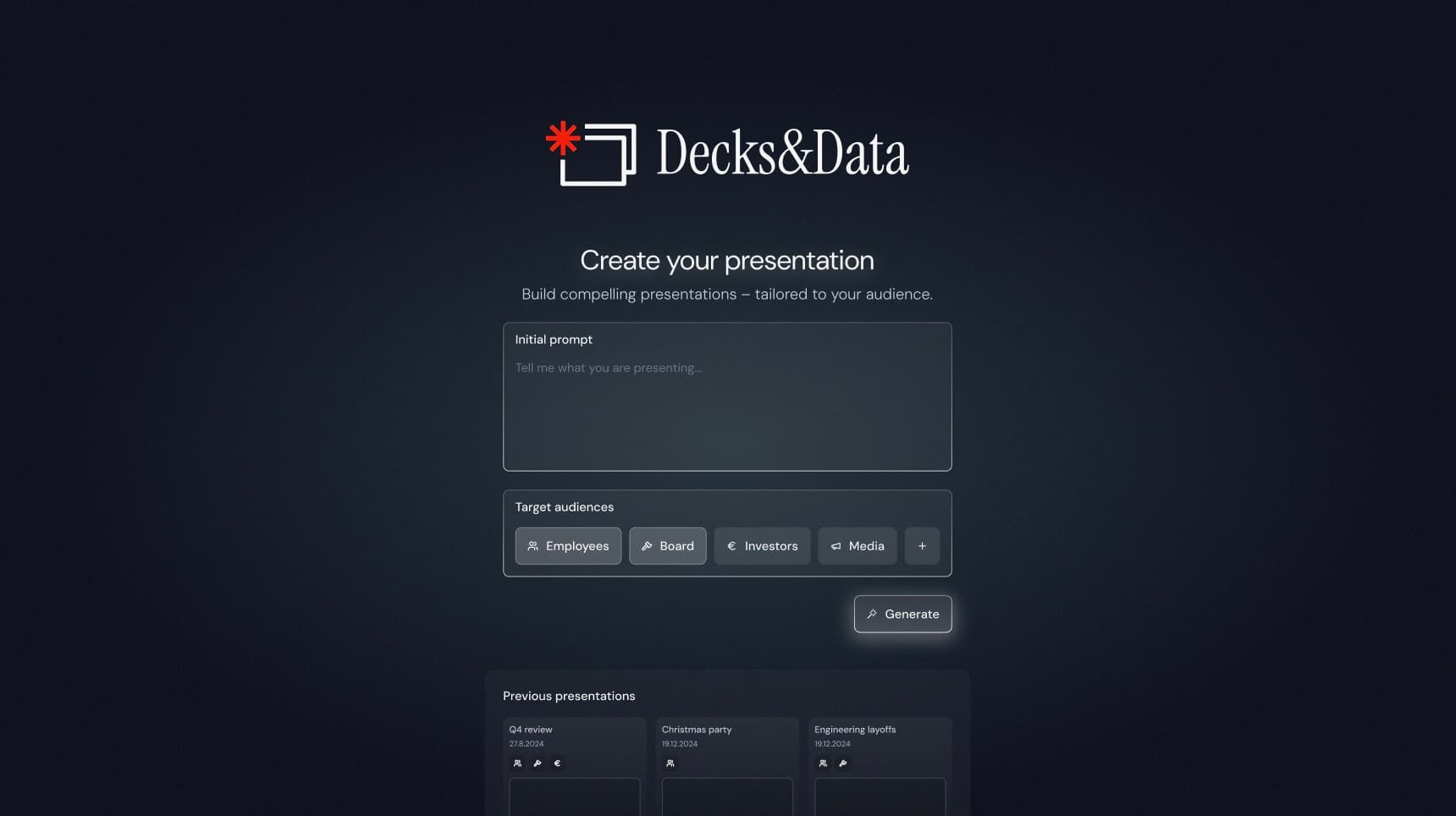 Decks&Data – Multi-agent slide generation for multi-audience communication preview